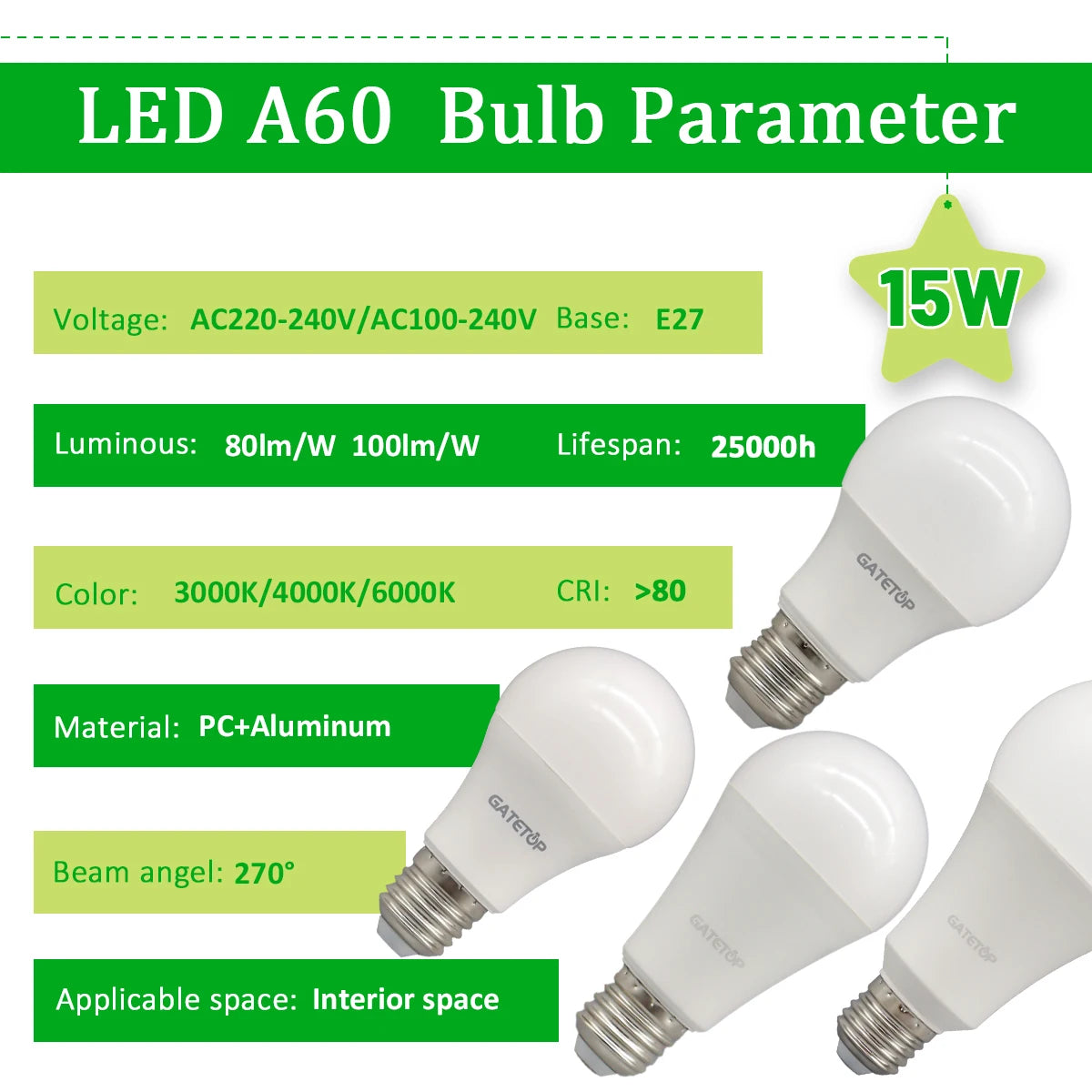 Confezione da 1-10 Lampadine LED 15W 120V 220V 3000K 4000K 6000K Luce Diurna CRI80 Senza Sfarfallio per Illuminazione Domestica Camera da Letto