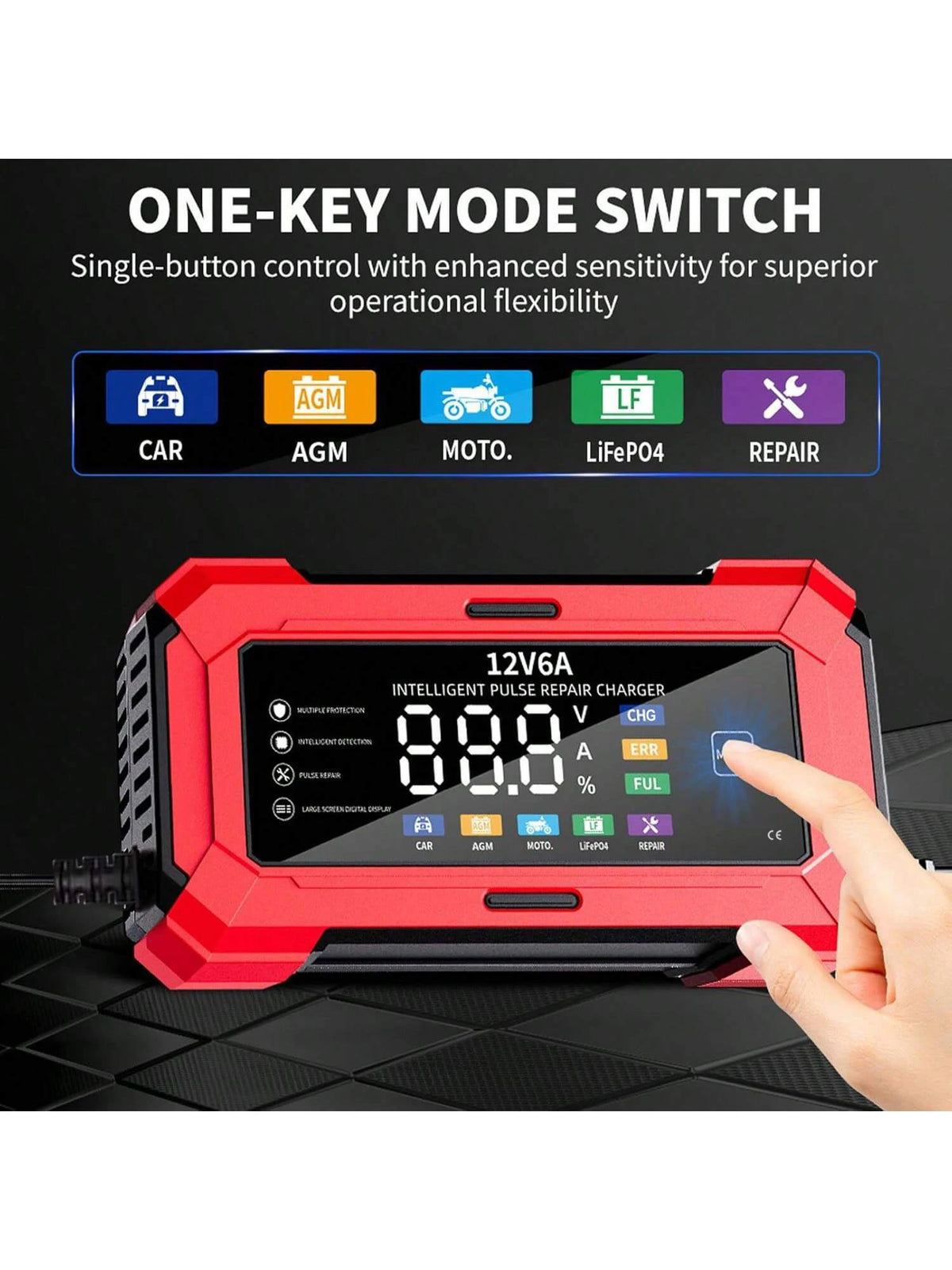 Caricabatterie per auto e moto con schermo a colori, 12V 6A, caricabatterie per batterie al piombo e al litio, spina europea, arresto automatico quando la carica è completa.