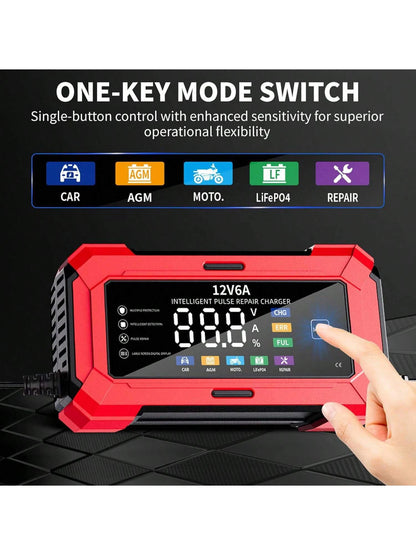 Caricabatterie per auto e moto con schermo a colori, 12V 6A, caricabatterie per batterie al piombo e al litio, spina europea, arresto automatico quando la carica è completa.