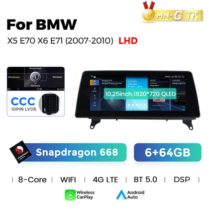 Sistema Multimediale Intelligente MEKEDE con CarPlay Wireless e Android Auto per BMW X5 E70 X6 E71, Schermo QLED da 10.25/12.3 Pollici, Android 14, CPU Snapdragon, Radio e Navigazione GPS per Auto