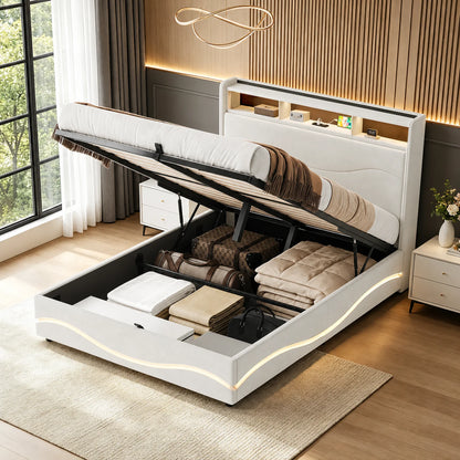 Letto matrimoniale con struttura idraulica, rivestito in velluto color beige, dimensioni 140x200 cm, dotato di base a doghe e testiera con vano contenitore, senza materasso incluso, ideale per la camera da letto.