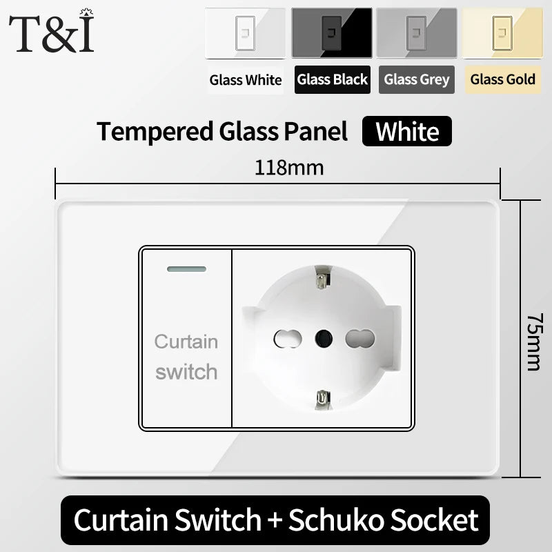 Prese per interruttori a muro T&I con tipo USB  C Ricarica rapida, presa Italia, presa Schuko Cile, pannello in vetro temperato per la casa