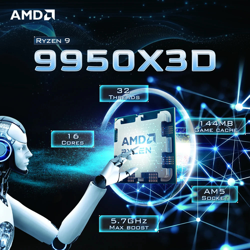 CPU AMD Ryzen 9 9950X3D 16-Core, 5.7GHz, Cache 144MB, Socket AM5, DDR5, TDP 170W, Serie R9 9000 Senza Dissipatore