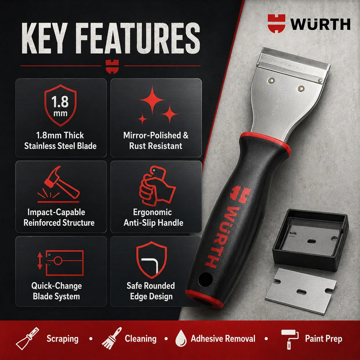 Raschietto a 2 componenti Wurth con 6 lame, strumento professionale per la rimozione di adesivi