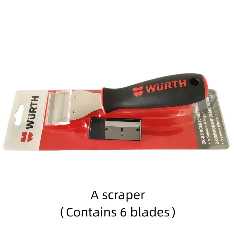 Wurth 071466335 Raschietto Professionale per Vetro con Lama da 40mm, Rimuovi Adesivi e Residui di Colla, Manico Antiscivolo con 6 Lame