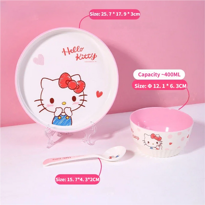 WUHE Set di Stoviglie per Bambini Hello Kitty, Ciotole e Piatti in Melamina, Design Cartoon per Ragazze, Senza BPA, Infrangibile, Lavabile in Lavastoviglie