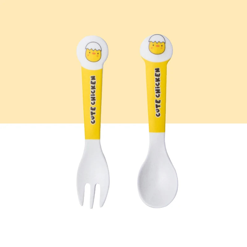 Set di stoviglie in fibra di bambù con pollo simpatico cartone animato: piatto, ciotola, forchetta, cucchiaio per uso domestico, pasti per bambini piccoli, svezzamento del bambino, quotidiano