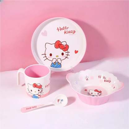WUHE Set di Stoviglie per Bambini Hello Kitty, Ciotole e Piatti in Melamina, Design Cartoon per Ragazze, Senza BPA, Infrangibile, Lavabile in Lavastoviglie