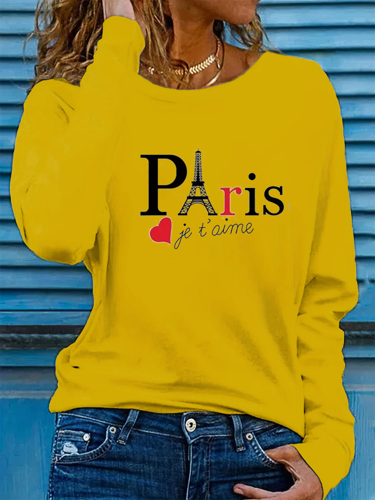 T-shirt girocollo stampata con motivo Torre Eiffel Parigi a maniche lunghe comoda moda primavera e autunno 100% cotone da donna