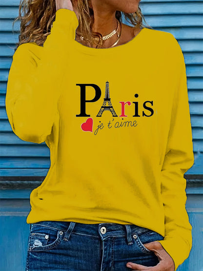 T-shirt girocollo stampata con motivo Torre Eiffel Parigi a maniche lunghe comoda moda primavera e autunno 100% cotone da donna