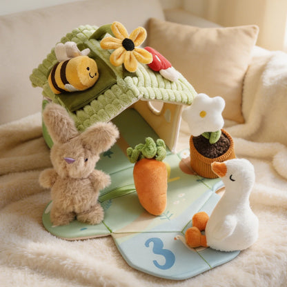Giocattolo Sensoriale Montessori per Neonati, Casa di Peluche con Audio, Gioco di Nascondino, Giocattolo Educativo per Neonati 0‑36 Mesi