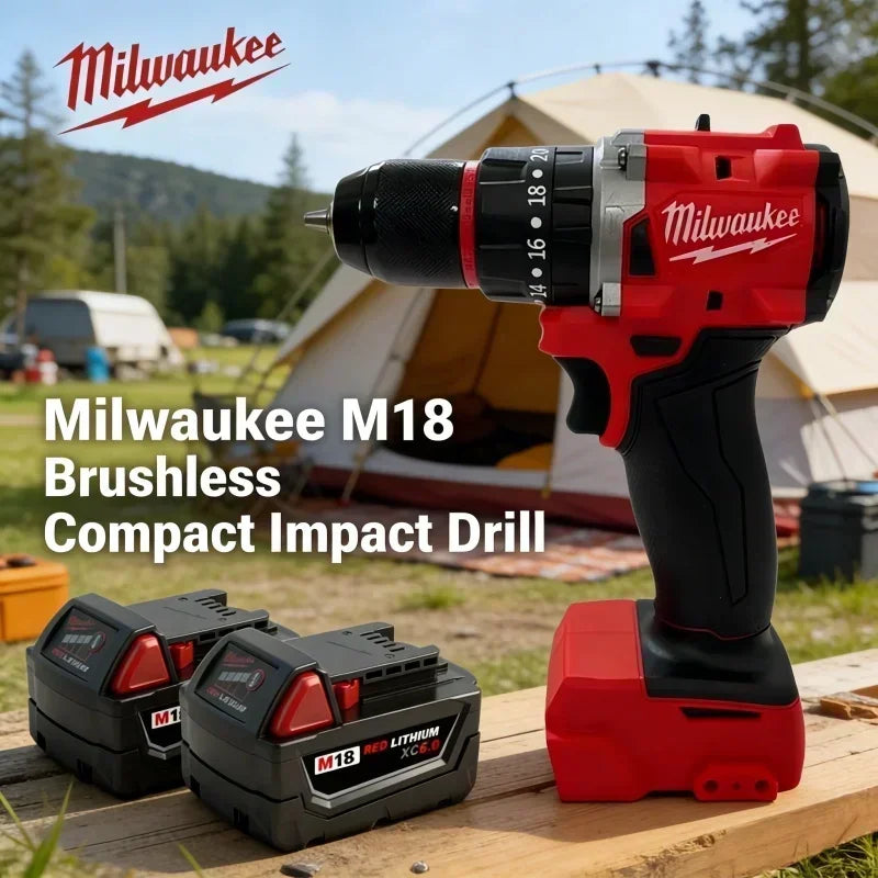 Trapano a percussione compatto Milwaukee M18, 100% senza spazzole, motore leggero ad alta potenza, ideale per la foratura quotidiana di metallo e legno.