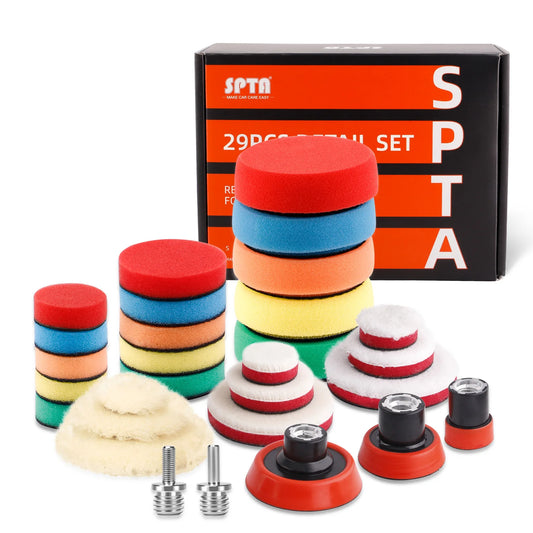 SPTA 29 pezzi dischi lucidanti da 25mm/50mm/80mm, dischi per detailing con adattatore di supporto filettato M14 per levigatura e ceratura auto