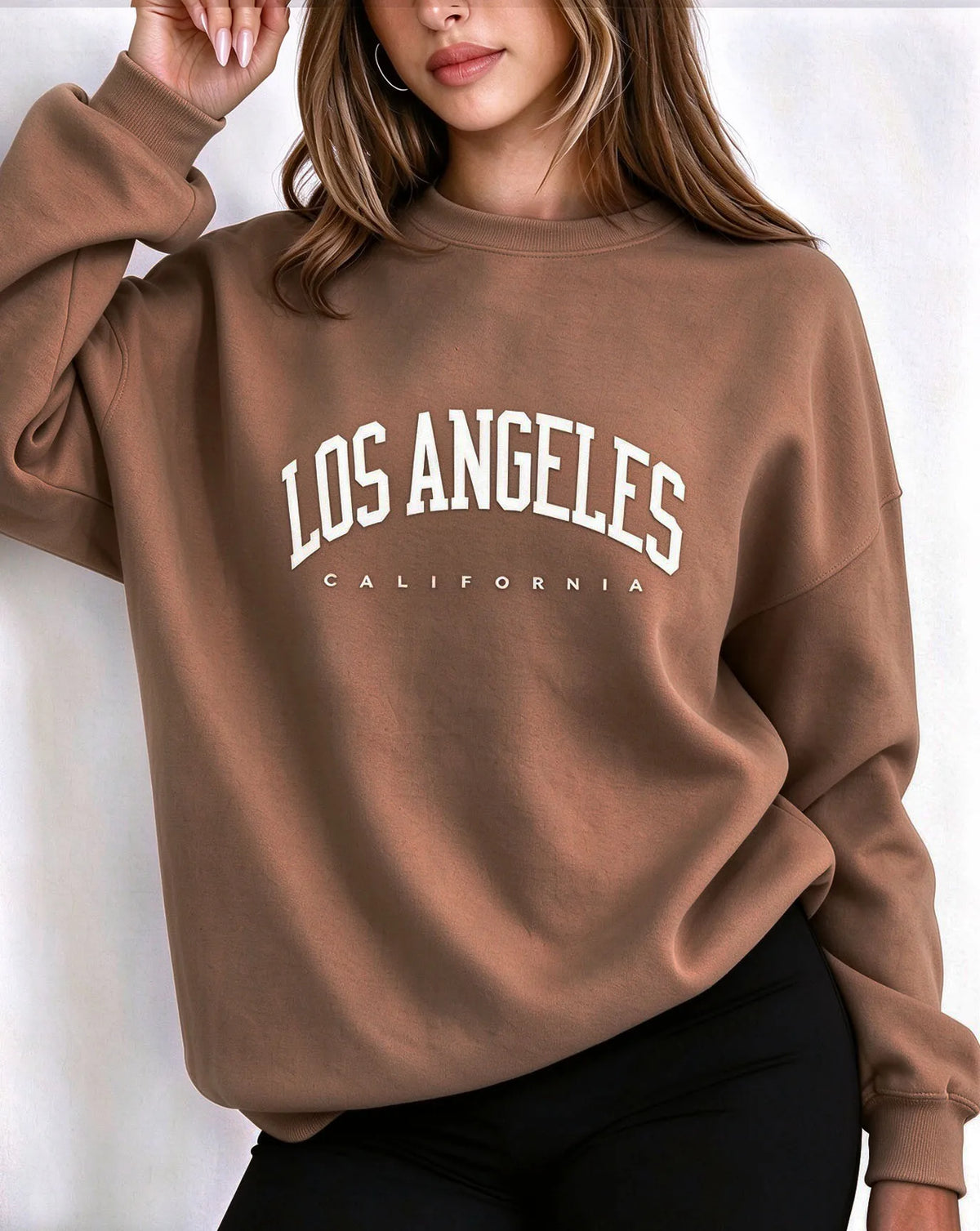 Felpa da donna con scollo rotondo, stampa con scritta LOS ANGELES, maniche lunghe, modello casual, ideale per un look streetwear, perfetta per l'autunno e l'inverno, felpa ampia.