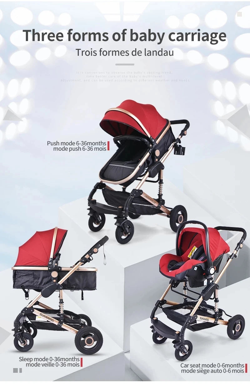 Passeggino 3 in 1 Facile da piegare Telaio in alluminio ad alto paesaggio Passeggino neonato con ruota in gomma per assorbimento degli urti a quattro ruote