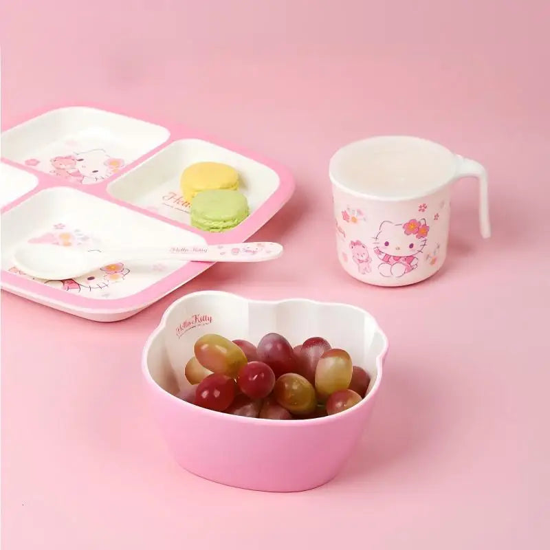 Set di stoviglie in melamina Hello Kitty per bambini - Ciotole, piatti, cucchiai e tazze anti-scottatura con simpatico design a cartoni animati