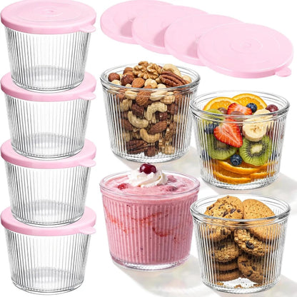 Set di 4/6 Piccole Ciotole in Vetro con Coperchio, Contenitori Impilabili in Vetro Trasparente a Righe per Dessert, Budini, Salse, Salse Piccanti, Noci, Avena, Caramelle, Dolciumi