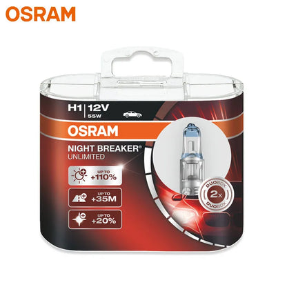 OSRAM H1 NIGHT BREAKER UNLIMITED 12V 55W Lampadina per Fari e Fendinebbia Auto 64150NBU 20% Più Bianca, Fascio Luminoso 40m Più Lungo, 110% Più Luminosa