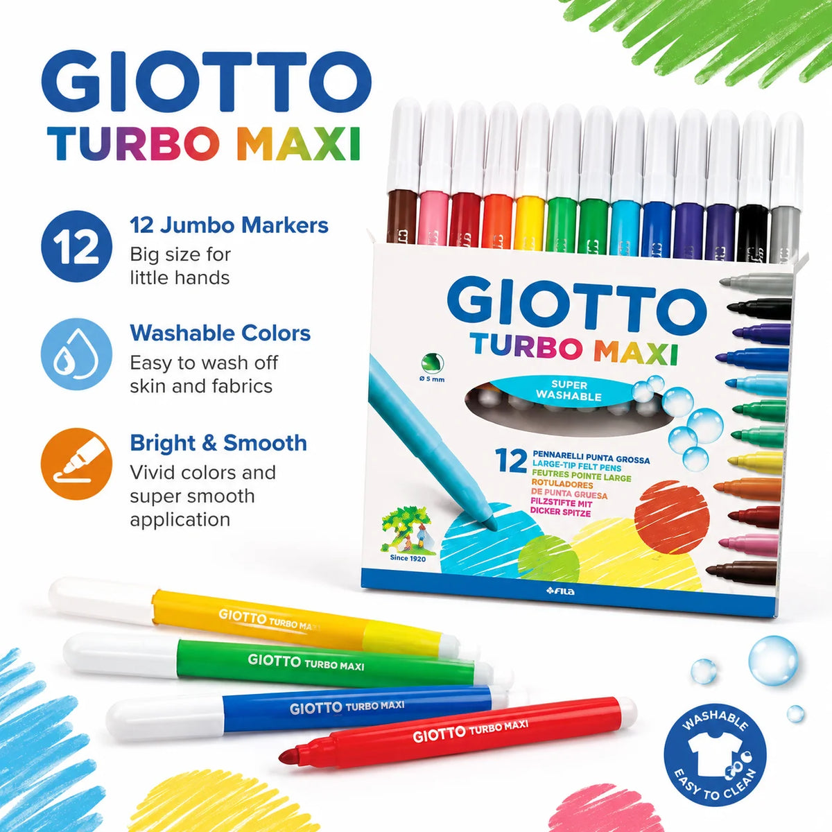 Pennarelli Lavabili GIOTTO Turbo Maxi 12 Colori Punta Larga 5mm per Disegno e Colorazione Bambini Scuola Arte