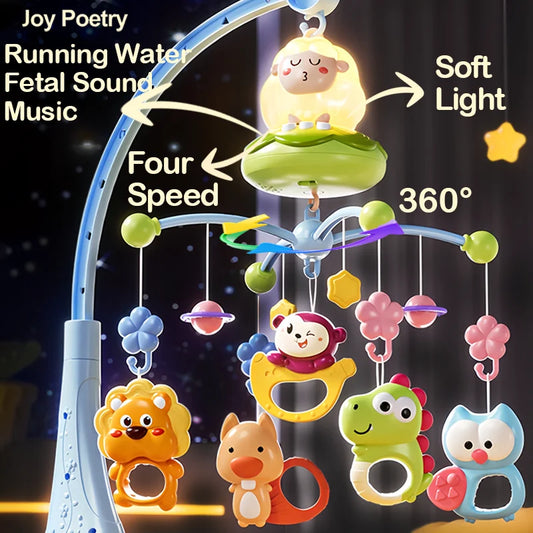 360 °   Culla musicale per bambini, mobile rotante, luce notturna, proiezione, letto, campana, giocattolo, quattro velocità, timing, appeso, neonato, comodino, Gif