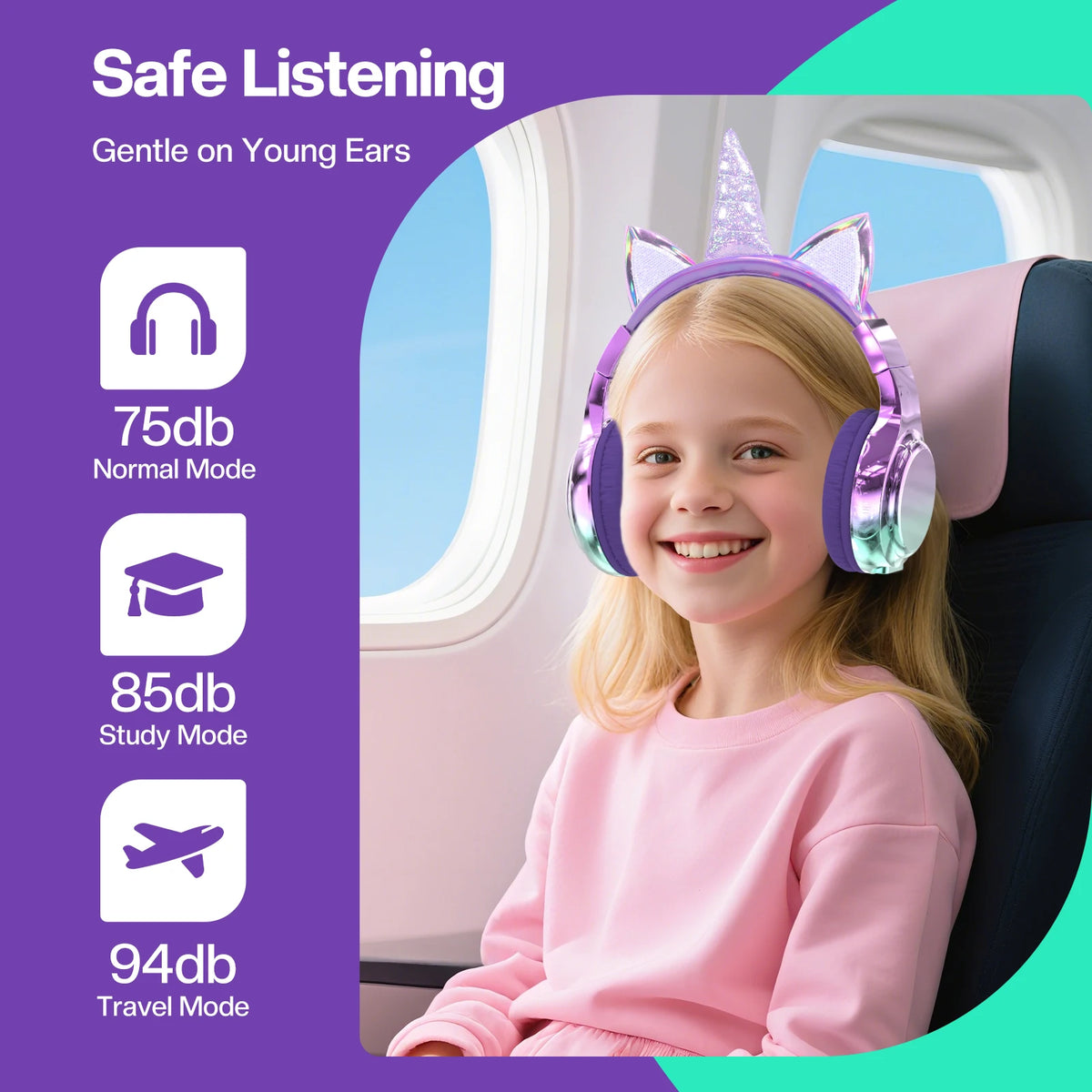 Cuffie wireless Unicorno per bambini Ragazze Auricolari Bluetooth Cuffie pieghevoli con orecchie di gatto per viaggi scolastici Cuffie per bambini