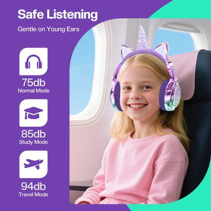Cuffie wireless Unicorno per bambini Ragazze Auricolari Bluetooth Cuffie pieghevoli con orecchie di gatto per viaggi scolastici Cuffie per bambini