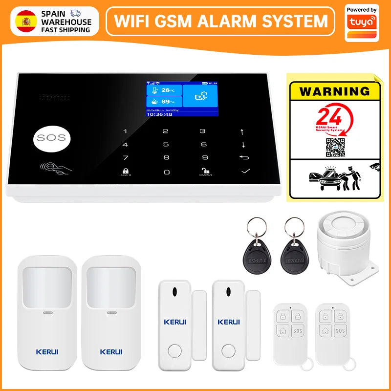 Sistema di Allarme KERUI WIFI GSM con Supporto per 3 Zone Cablate, Allarme Domestico Antifurto Compatibile con Tuya Smart, Sensore PIR 433MHz per Protezione di Sicurezza