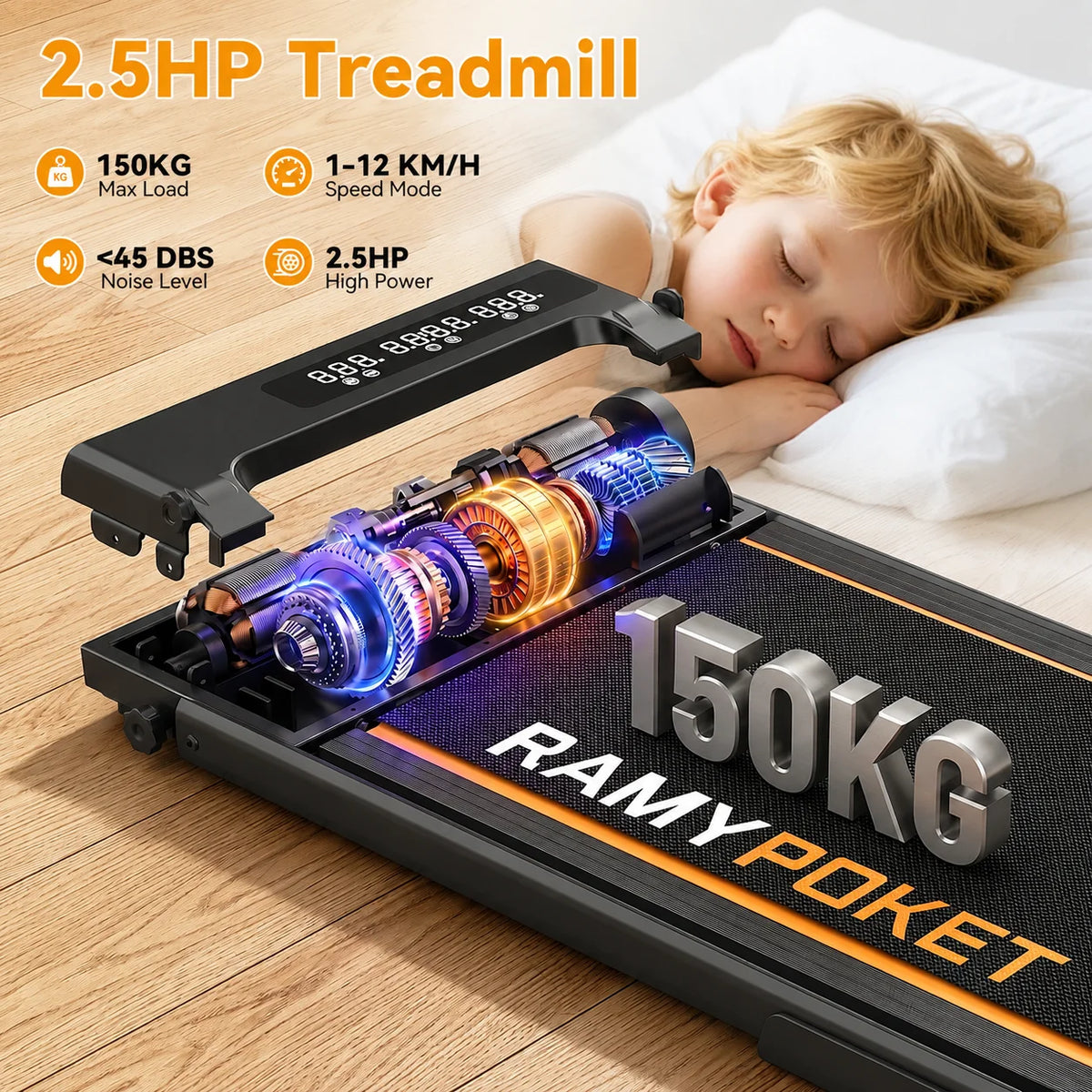Ramypoket Tapis Roulant Pieghevole con Inclinazione 15%, Tapis Roulant 12Km/H, App/LED, Tapis Roulant da Ufficio, Carico Massimo 150kg