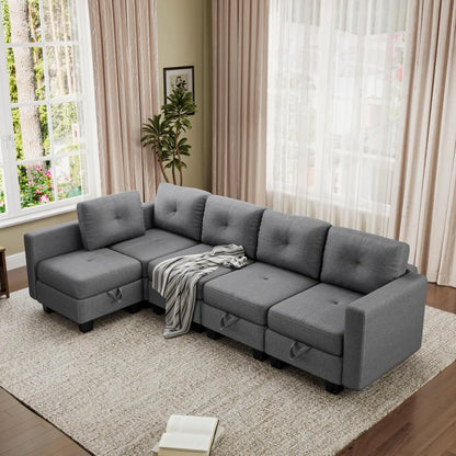 Divano componibile con spazio contenitore, chaise longue trasformabile per soggiorno e camera da letto
