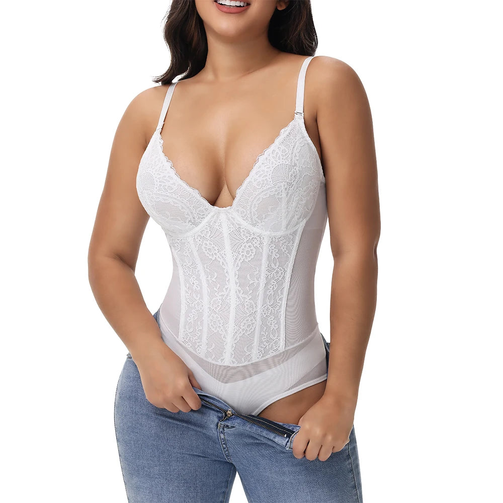 Body modellante in pizzo da donna con ferretto, controllo della pancia, modellante per tutto il corpo, corsetto con scollo a V, top, tuta, slip, lingerie, abbigliamento sexy