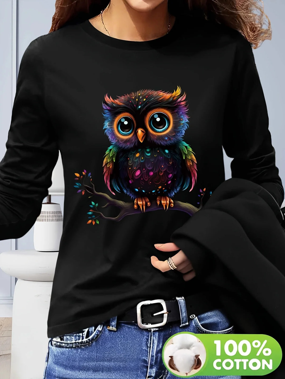 T-shirt girocollo stampata con motivo Torre Eiffel Parigi a maniche lunghe comoda moda primavera e autunno 100% cotone da donna