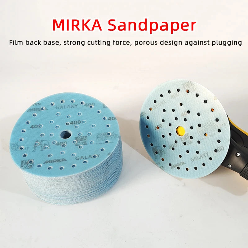 Carta Abrasiva Rotonda MIRKA da 6 Pollici (150mm) Ciano Galaxy con 49 Fori e Retro in Velluto per Lavorazione del Legno e Levigatura