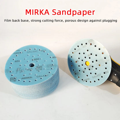 Carta Abrasiva Rotonda MIRKA da 6 Pollici (150mm) Ciano Galaxy con 49 Fori e Retro in Velluto per Lavorazione del Legno e Levigatura