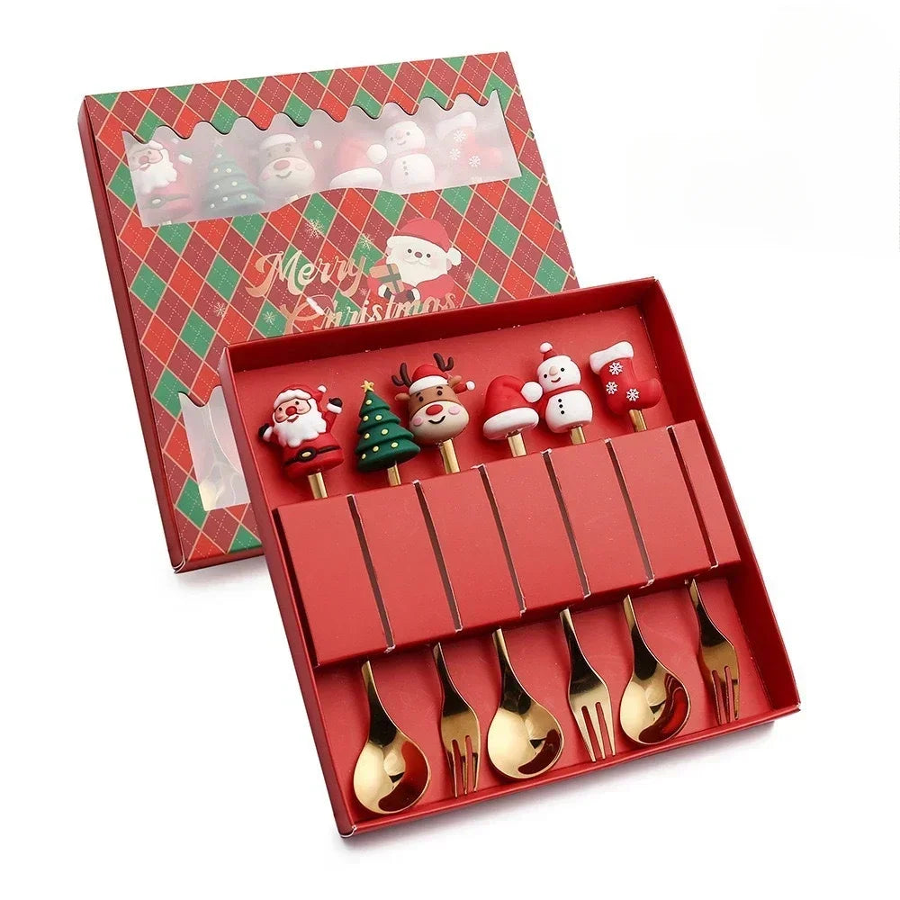 Set cucchiaio e forchetta natalizio in acciaio inossidabile caffè tè utensili da dessert confezione regalo design albero di Babbo Natale facile da pulire     6/4/2/1PZ