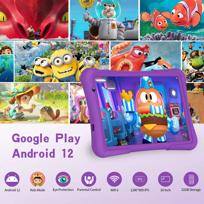 Tablet Android PRITOM da 10 pollici per bambini, 4GB(2+2)+32GB, Quad Core, 6000 mAh, WiFi 6, doppia fotocamera, Bluetooth, tablet per bambini piccoli