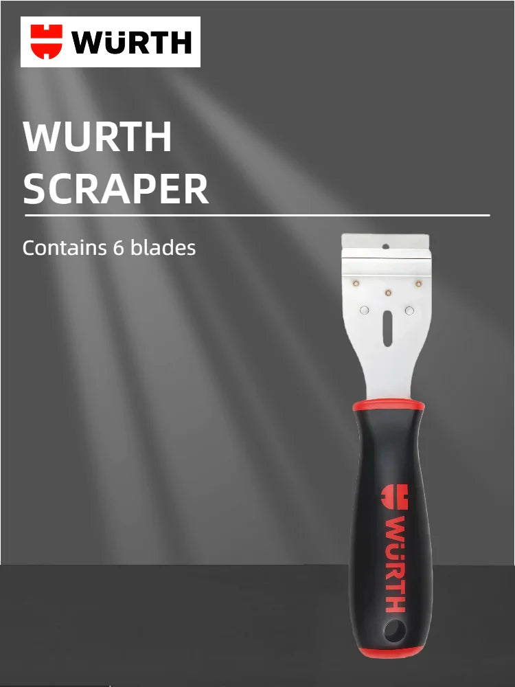 Wurth 071466335 Raschietto Professionale per Vetro con Lama da 40mm, Rimuovi Adesivi e Residui di Colla, Manico Antiscivolo con 6 Lame