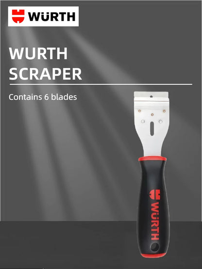 Wurth 071466335 Raschietto Professionale per Vetro con Lama da 40mm, Rimuovi Adesivi e Residui di Colla, Manico Antiscivolo con 6 Lame