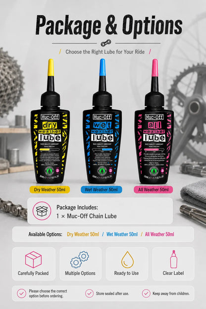Lubrificante per Catene Muc-Off 50ml, per Uso a Secco o Bagnato, Adatto a Tutte le Condizioni Atmosferiche, Riduce l'Attrito e Garantisce Cambi Fluidi per Biciclette da Strada e MTB