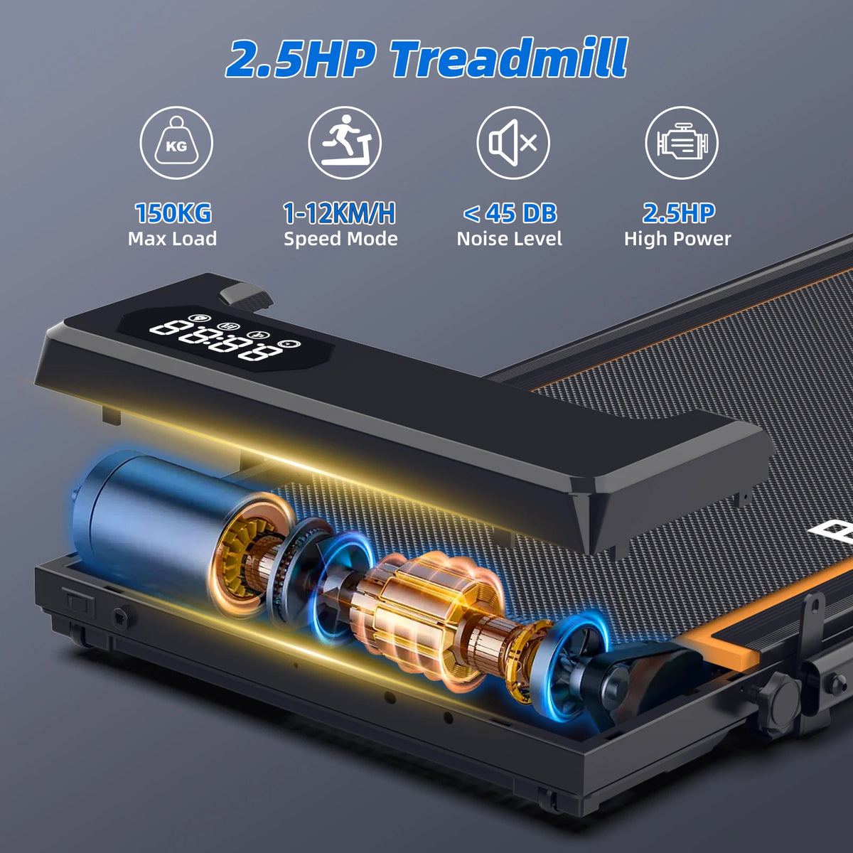 Tapis roulant con inclinazione del 9%, silenzioso, 2.5HP, 1-10km/h, APP e LED, tapis roulant con maniglia, tapis roulant per casa, 150kg