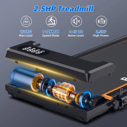 Tapis roulant con inclinazione del 9%, silenzioso, 2.5HP, 1-10km/h, APP e LED, tapis roulant con maniglia, tapis roulant per casa, 150kg