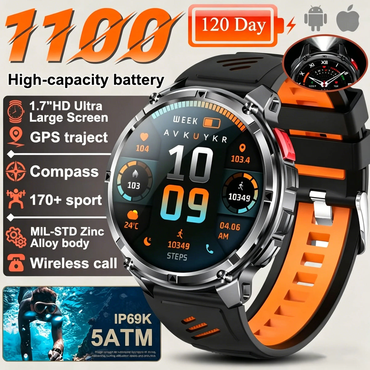 Nuovo Smartwatch T-REX3 Ultra con Batteria da 1100mAh, Impermeabile 10ATM, GPS, Bussola, Torcia, Display AMOLED HD da 1.7'', Chiamate, Orologio Sportivo Intelligente per Uomo
