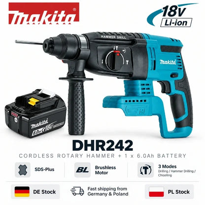 Makita DHR242, trapano a percussione rotante senza fili 18V LXT, motore brushless, 24 mm, per calcestruzzo, 4700 IPM, 2,0 J, sistema SDS Plus, 3 modalità, utensile elettrico per impieghi gravosi, compatibile con le batterie