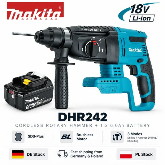 Makita DHR242, trapano a percussione rotante senza fili 18V LXT, motore brushless, 24 mm, per calcestruzzo, 4700 IPM, 2,0 J, sistema SDS Plus, 3 modalità, utensile elettrico per impieghi gravosi, compatibile con le batterie