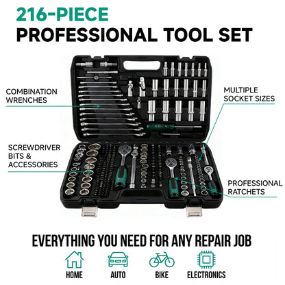 Podofo Set di 216 Pezzi di Utensili Avanzati per Riparazione Auto, Set di Chiavi a Bussola da 1/4", 3/8", 1/2" con Chiave a Cricchetto a 24 Denti, Chiave a Cricchetto Ergonomica, Set di Utensili per Meccanici per Riparazione