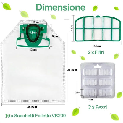 10 Sacchetti per la Polvere con 2 Filtri Motore e 2 Profumatori per Aspirapolvere Vorwerk VK200 VK220 VK220S FP200 FP220 - Accessori di Ricambio