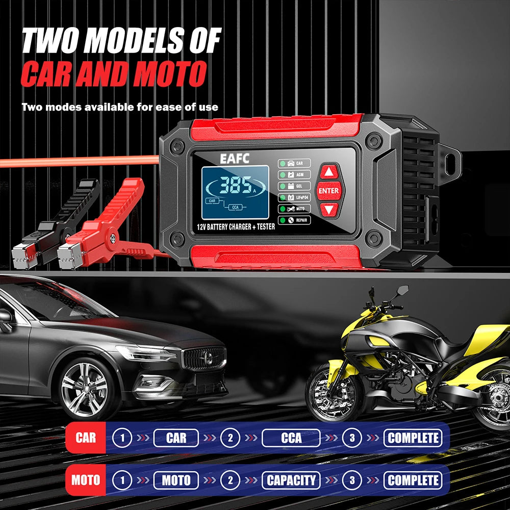 Nuovo 2in1 Smart Caricabatteria per auto Tester del sistema Analizzatore batteria per auto moto per batterie al litio LiFePo4 al piombo acido AGM GEL