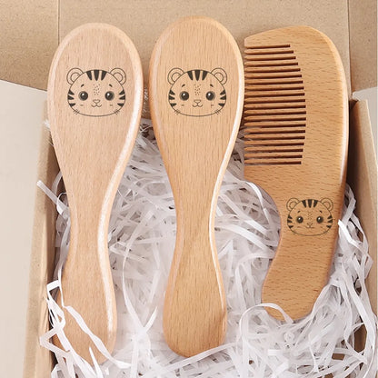 Spazzola per Capelli Neonato con Panda Inciso, in Lana Naturale e Legno, con Cuscino d'Aria, Regalo per Neonato
