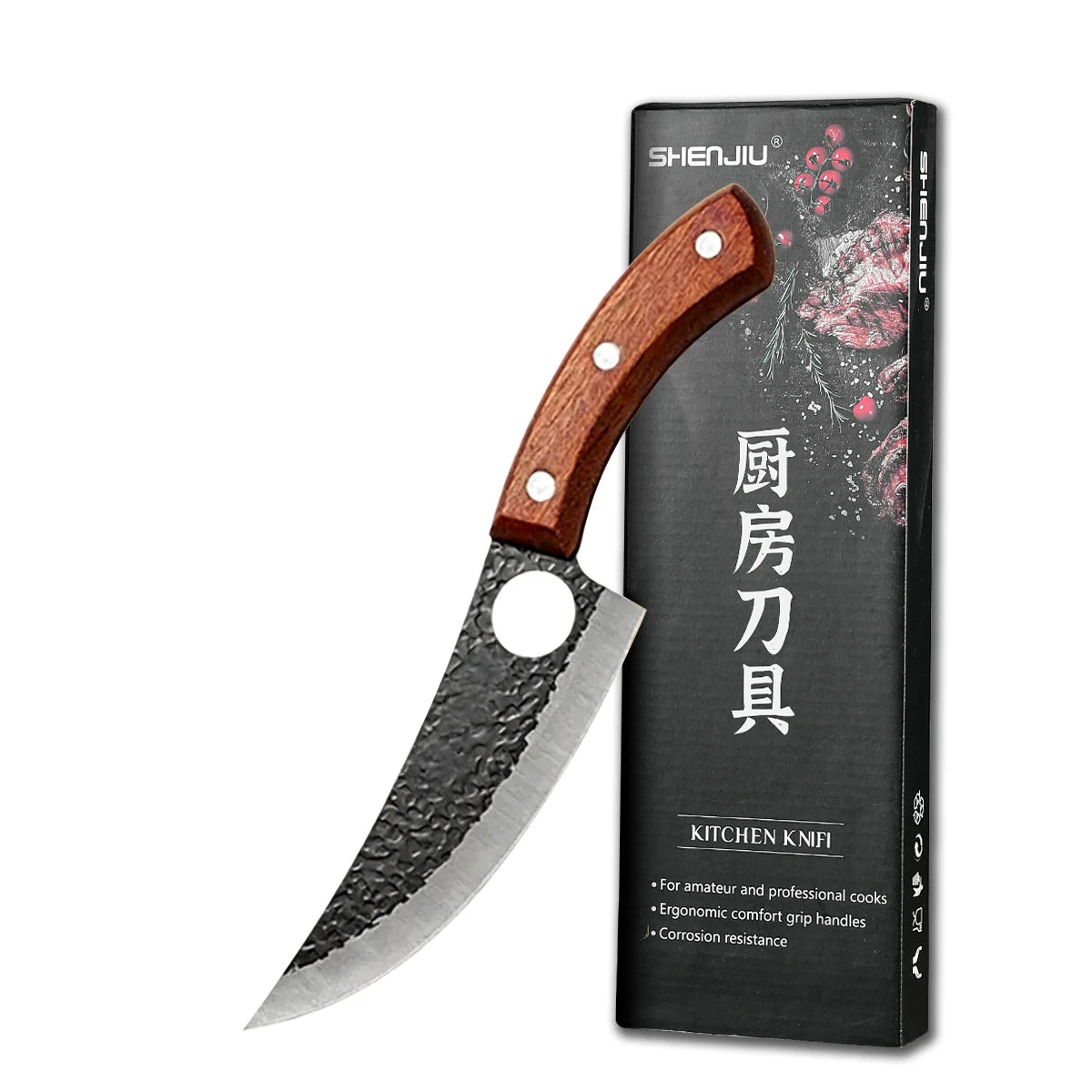 Coltello da Macellaio Professionale Forgiato a Mano con Manico in Legno, Coltello da Disosso in Acciaio Inossidabile, Coltello da Cucina Full Tang