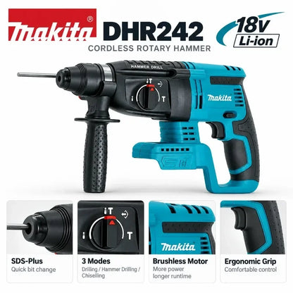 Trapano a percussione rotante senza fili Makita DHR242 18V, capacità per calcestruzzo 24mm, SDS Plus 4700 IPM 2.0J, utensile da costruzione per impieghi gravosi a 3 modalità, compatibile con BL1860B BL1850B BL1815, spedizio