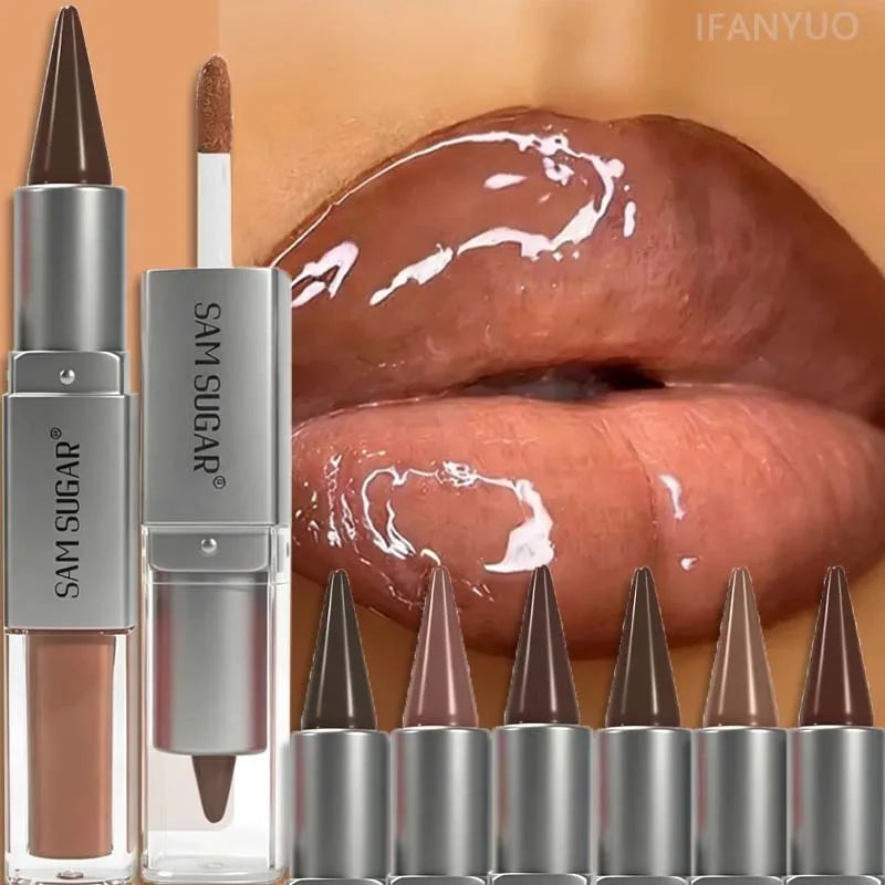 Matita Labbra 2-in-1 Sfumata Marrone Nude con Lucidalabbra Effetto Specchio e Contorno Labbra Opaco Impermeabile per Trucco